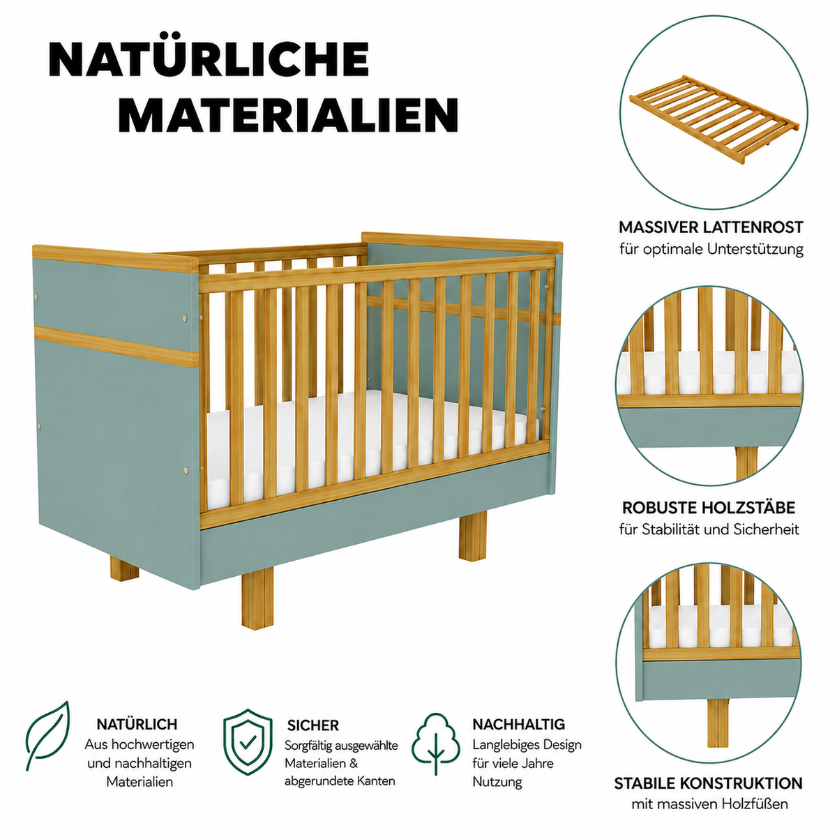 VILHA Babybett Dämmerblau mit massivem Lattenrost, robusten Holzstäben und stabilen Massivholzfüßen aus Naturholz