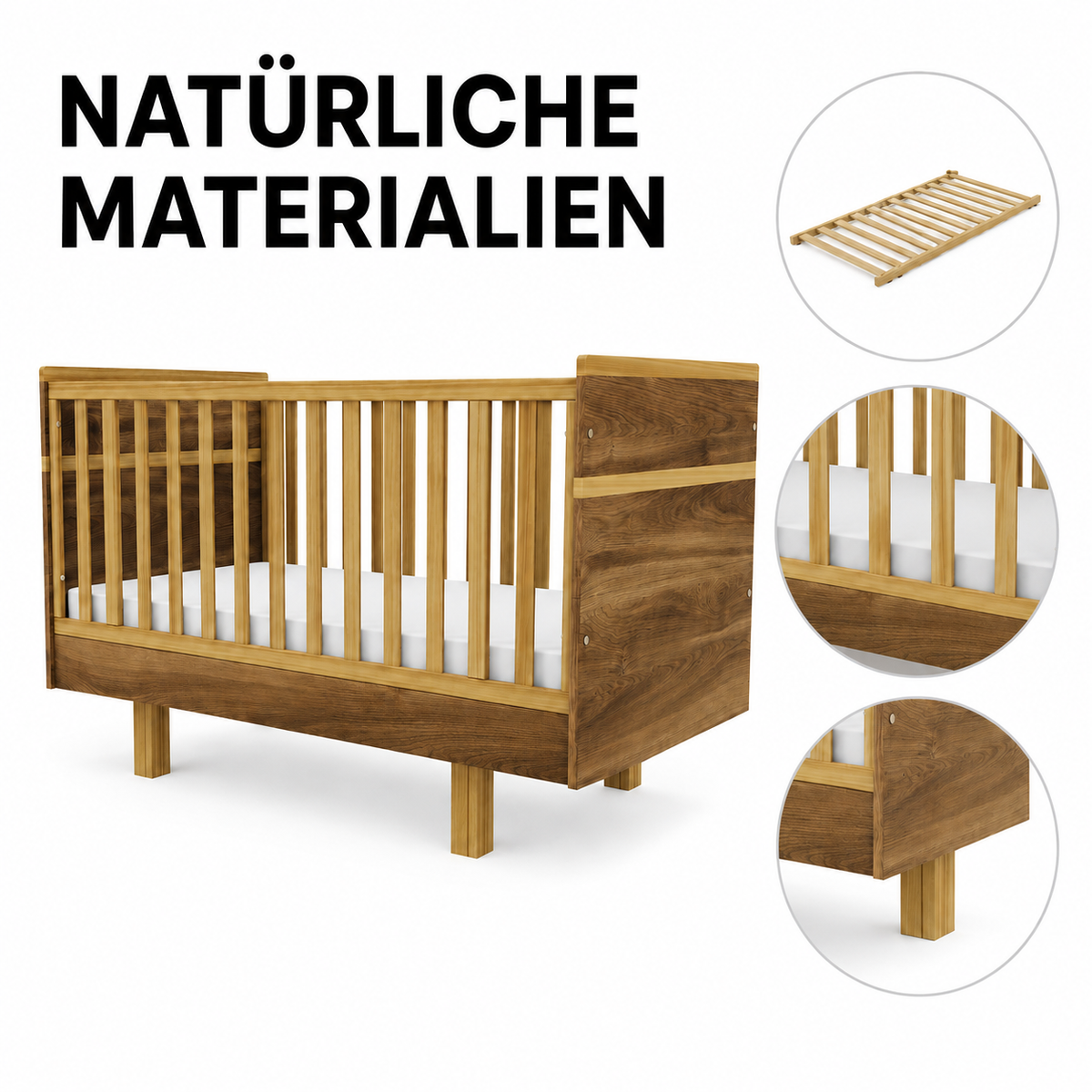 VILHA Babybett Eiche Castello mit Massivholz-Elementen, Holzlattenrost und warmer natürlicher Holzoptik