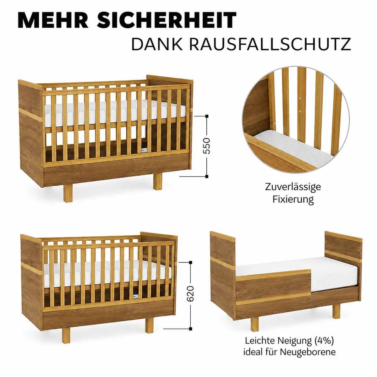 VILHA Babybett Eiche Castello mit höhenverstellbarem Lattenrost, Rausfallschutz und verschiedenen Liegepositionen