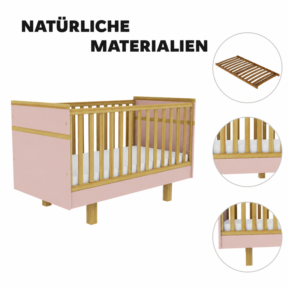 VILHA Babybett Puderrosa mit Gitterstäben, Lattenrost und Füßen aus Massivholz sowie natürlichen Holzelementen