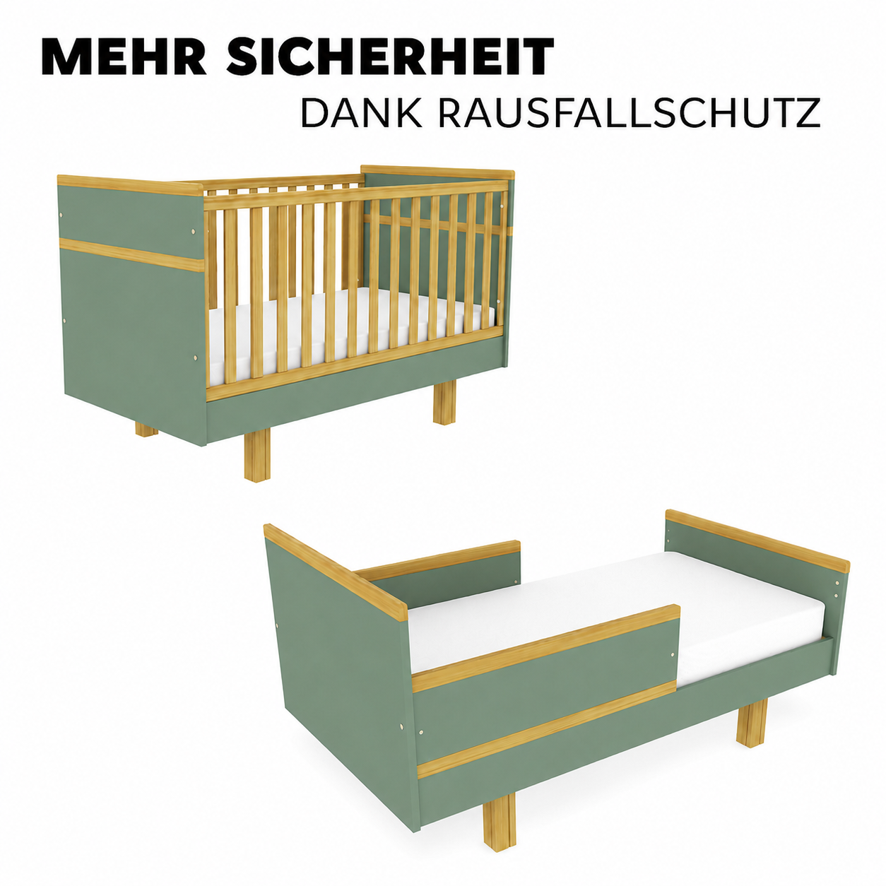 VILHA Babybett Rauchgrün mit Rausfallschutz für den sicheren Übergang zum Kinderbett