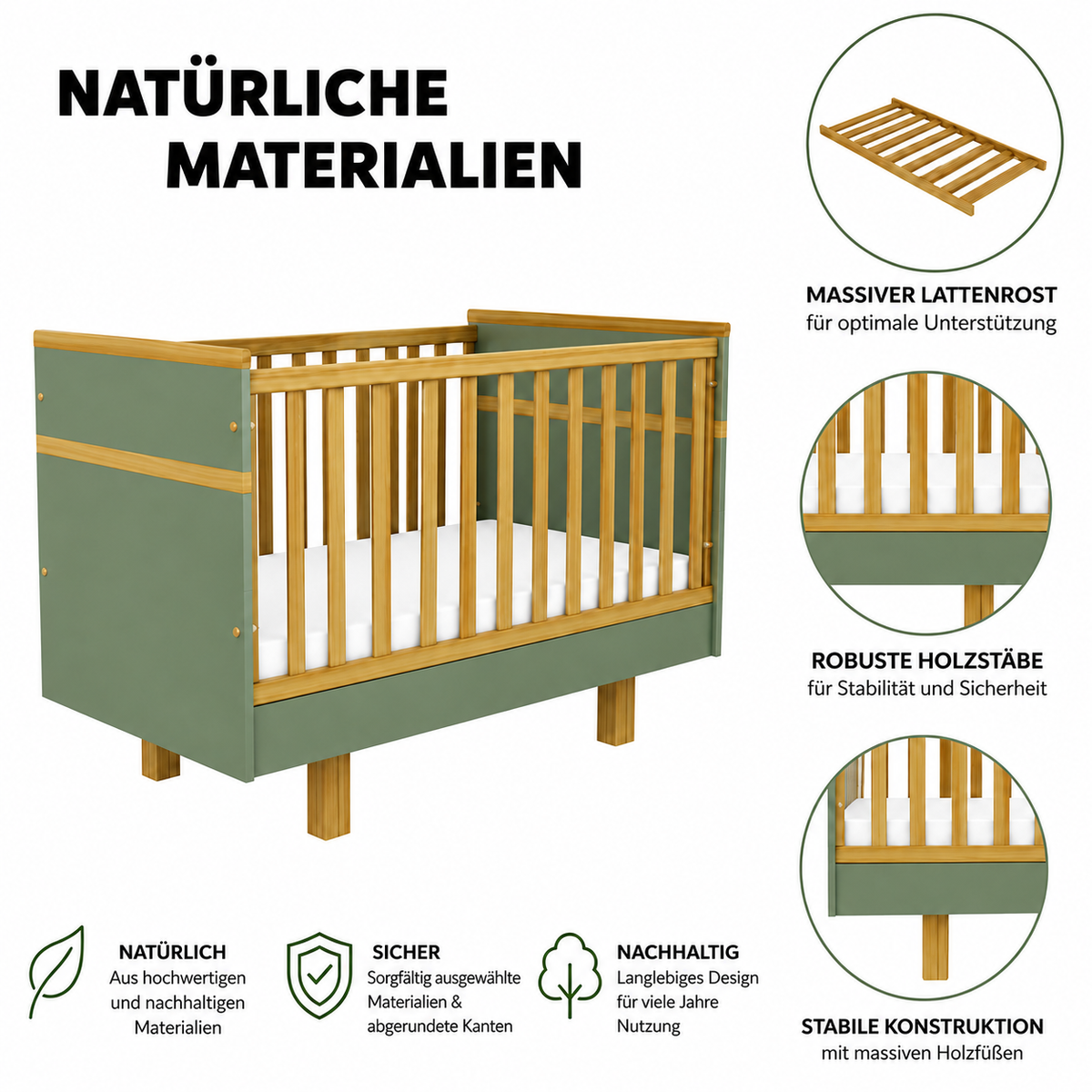 VILHA Babybett Rauchgrün mit massivem Lattenrost, Holzstäben, Naturholzelementen und stabilen Holzfüßen