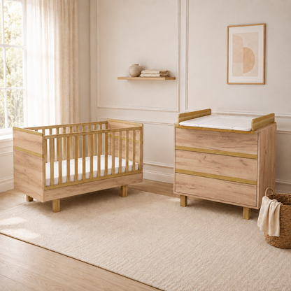 VILHA Babyzimmer Set 2-teilig Eiche Kraft mit Babybett 70x140 und Wickelkommode inklusive Wickelaufsatz