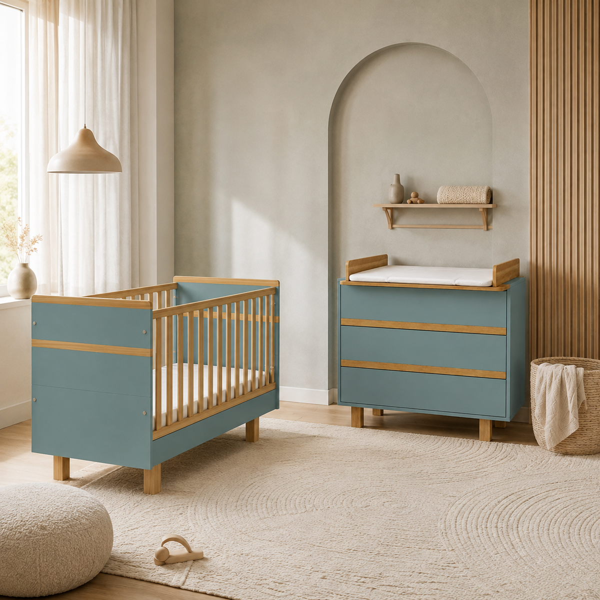 VILHA Babyzimmer Set 2-teilig in Dämmerblau mit Babybett 70x140 und Wickelkommode mit Wickelaufsatz in natürlichem Interieur