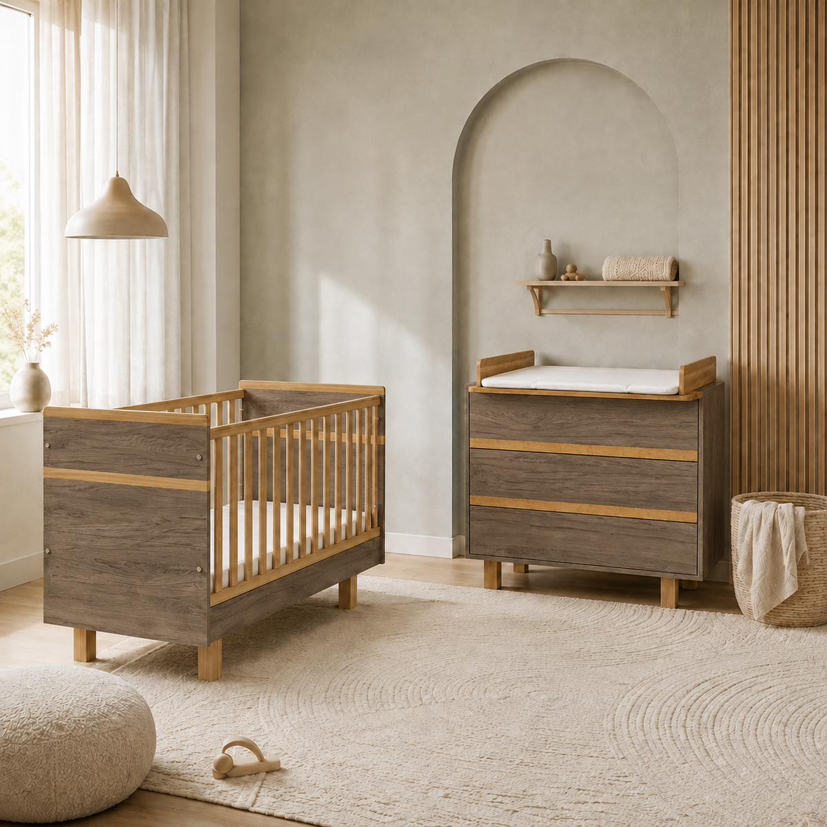 VILHA Babyzimmer Set 2-teilig in Dunkelhickory mit Babybett 70x140, Wickelkommode