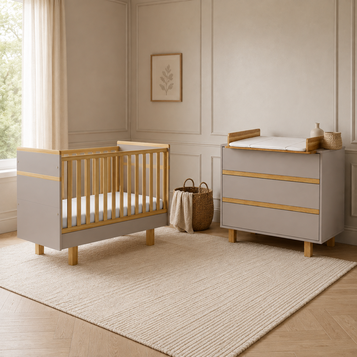 VILHA Babyzimmer Set 2-teilig in Lehmgrau mit Babybett 70x140 und Wickelkommode inklusive Wickelaufsatz und Naturholzdetails