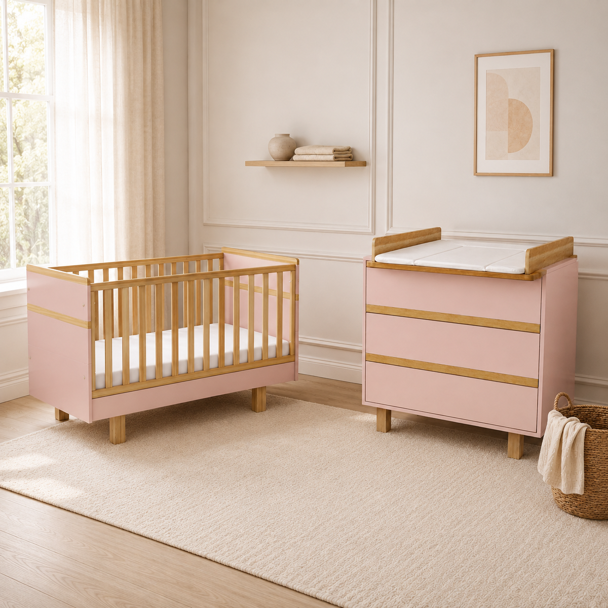 VILHA Babyzimmer Set 2-teilig in Puderrosa mit Babybett 70x140 und Wickelkommode mit Wickelaufsatz