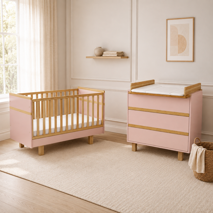 VILHA Babyzimmer Set 2-teilig in Puderrosa mit Babybett 70x140 und Wickelkommode mit Wickelaufsatz