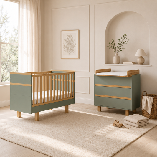 VILHA Babyzimmer Set 2-teilig in Rauchgrün mit Babybett 70x140 und Wickelkommode