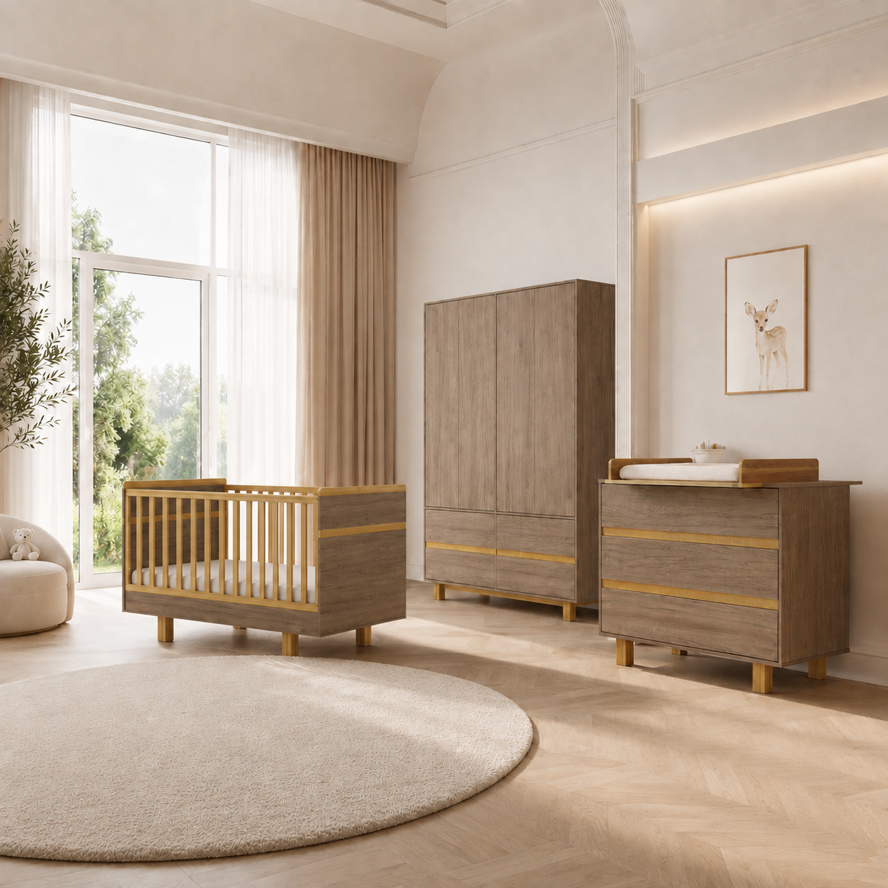 VILHA Babyzimmer Set 3-teilig in Dunkelhickory mit Babybett 70x140, Wickelkommode und Kleiderschrank