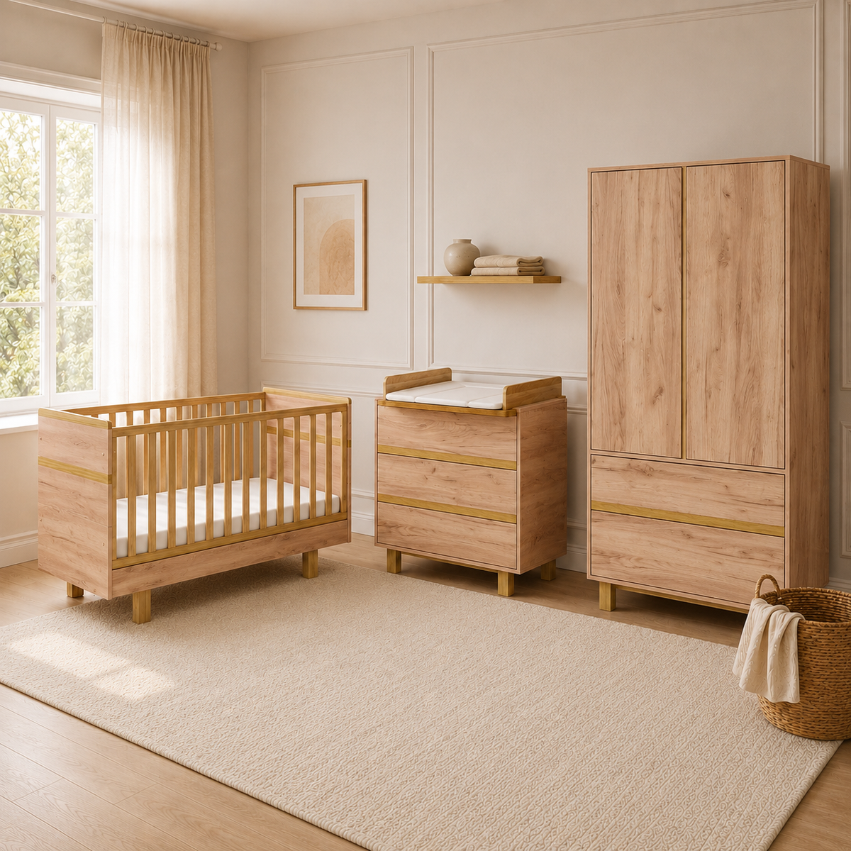 VILHA Babyzimmer Set 3-teilig in Eiche Kraft mit Babybett 70x140, Wickelkommode und Kleiderschrank in warmer Holzoptik