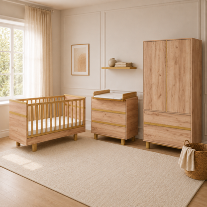 VILHA Babyzimmer Set 3-teilig in Eiche Kraft mit Babybett 70x140, Wickelkommode und Kleiderschrank in warmer Holzoptik