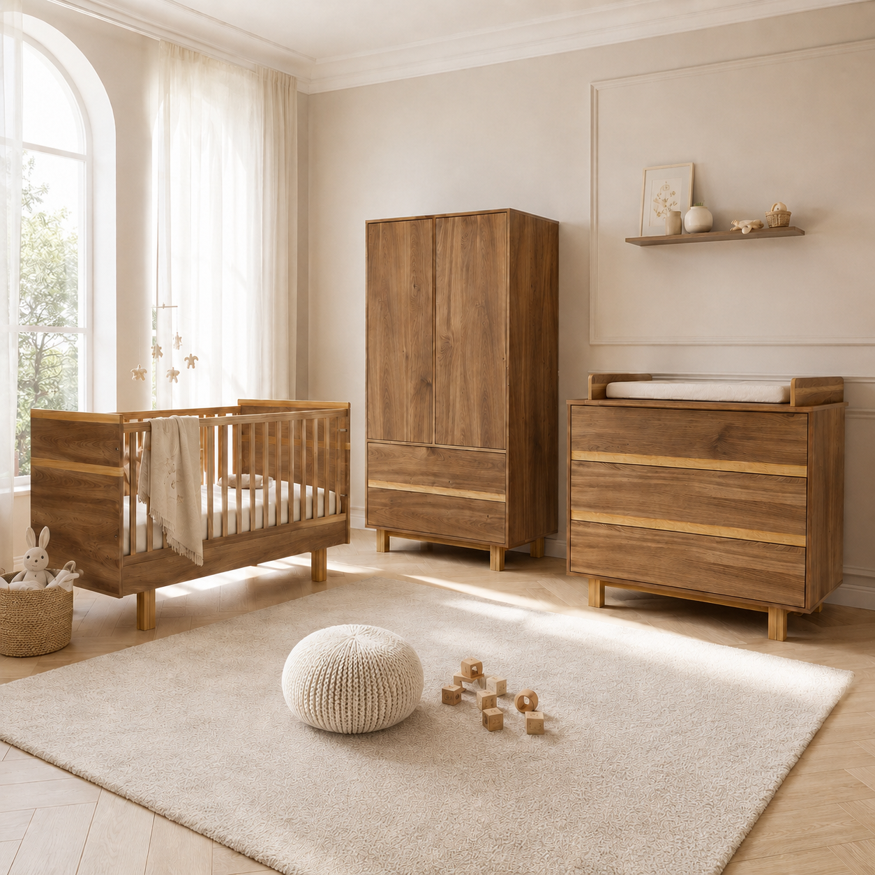 VILHA Babyzimmer Set Eiche Castello mit Babybett 70x140, Wickelkommode und 2-türigem Kleiderschrank