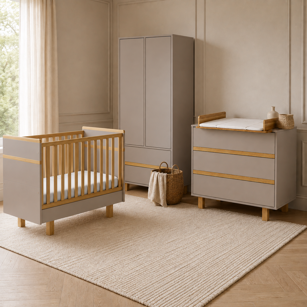 VILHA Babyzimmer Set in Lehmgrau und Naturholz mit Babybett 70x140, Wickelkommode mit Wickelaufsatz und Kleiderschrank