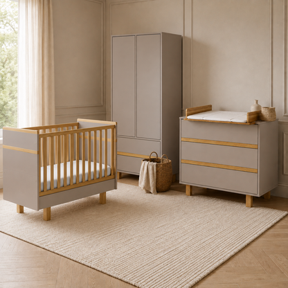 VILHA Babyzimmer Set in Lehmgrau und Naturholz mit Babybett 70x140, Wickelkommode mit Wickelaufsatz und Kleiderschrank