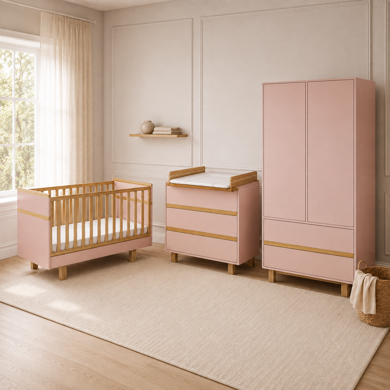 VILHA Babyzimmer in Puderrosa mit Babybett 70x140, Wickelkommode und Kinderkleiderschrank in Naturholz-Optik
