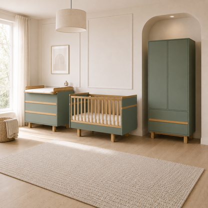 VILHA Babyzimmer in Rauchgrün mit Babybett 70x140, Wickelkommode und passendem Kleiderschrank