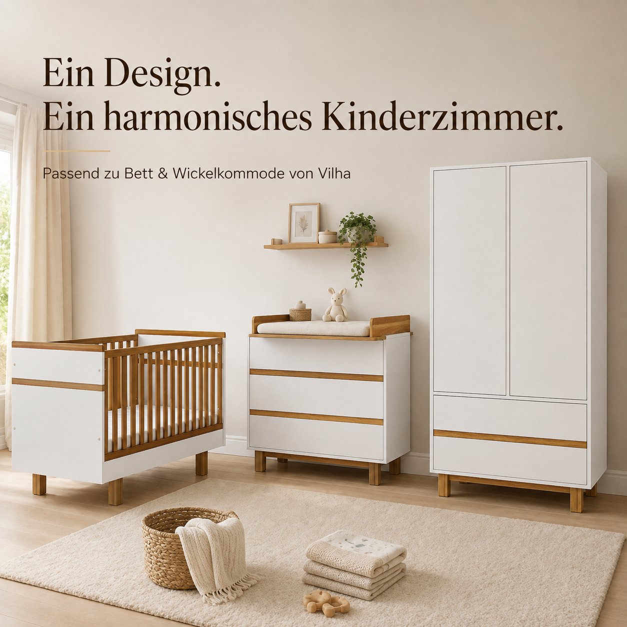 VILHA Kinderkleiderschrank 2-türig in Weiß Natur mit Babybett und Wickelkommode im harmonischen Babyzimmer