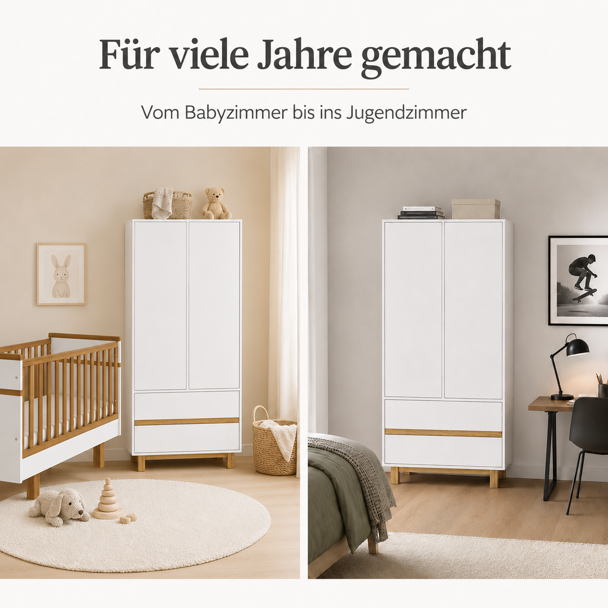 VILHA Kinderkleiderschrank vom Babyzimmer bis ins Jugendzimmer – zeitloser 2-türiger Kleiderschrank in Weiß Natur