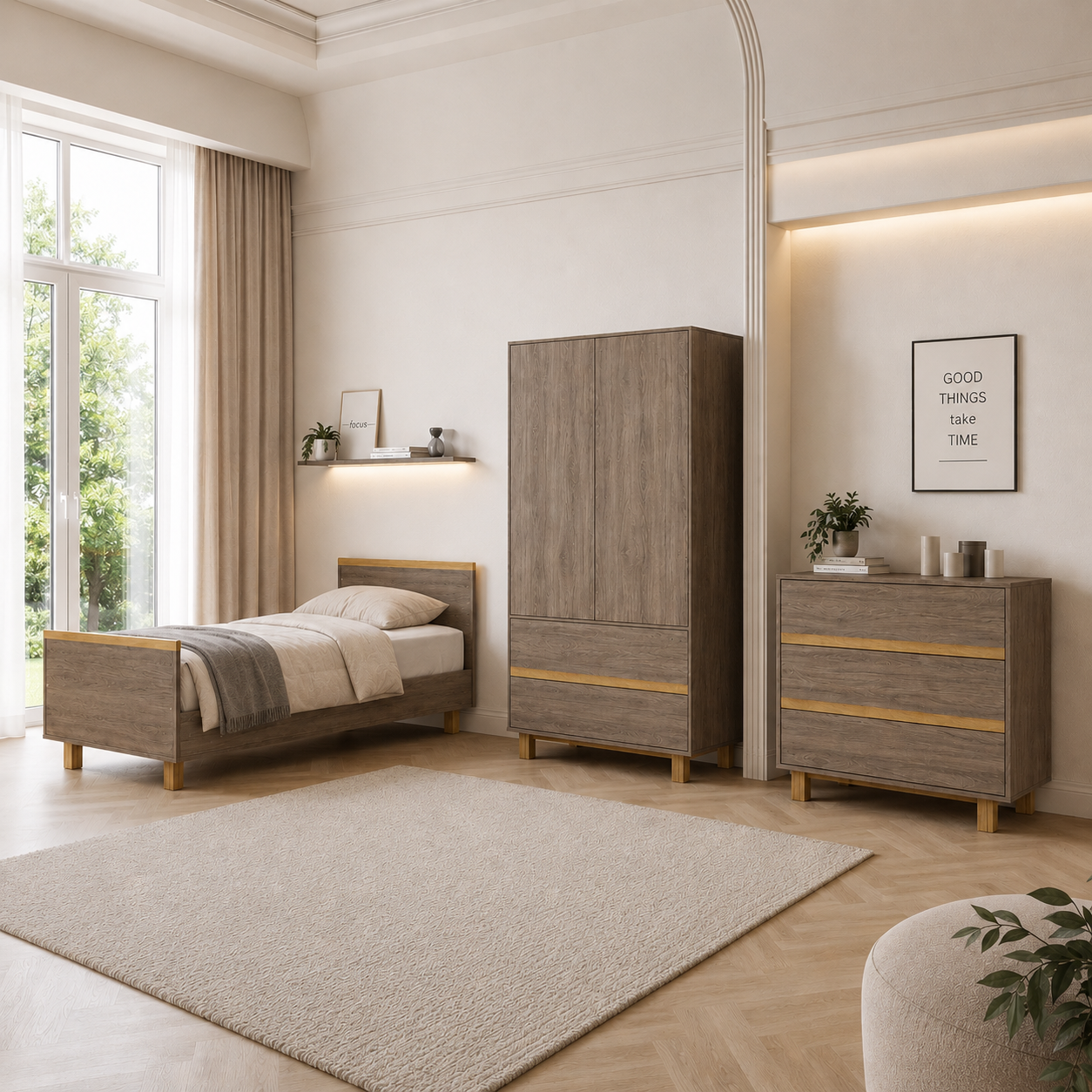 VILHA Kinderzimmer Set Dunkelhickory mit Kinderbett 70x140, Kommode und passendem Kleiderschrank