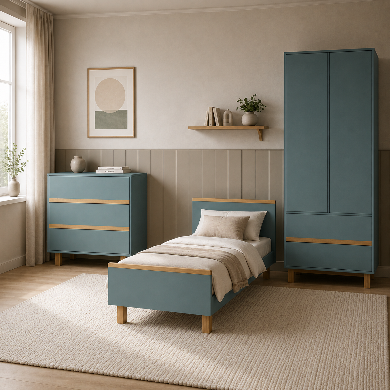 VILHA Kinderzimmer in Dämmerblau mit Bett, Kommode und 2-türigem Kleiderschrank – moderne Möbel mit Naturholzdetails