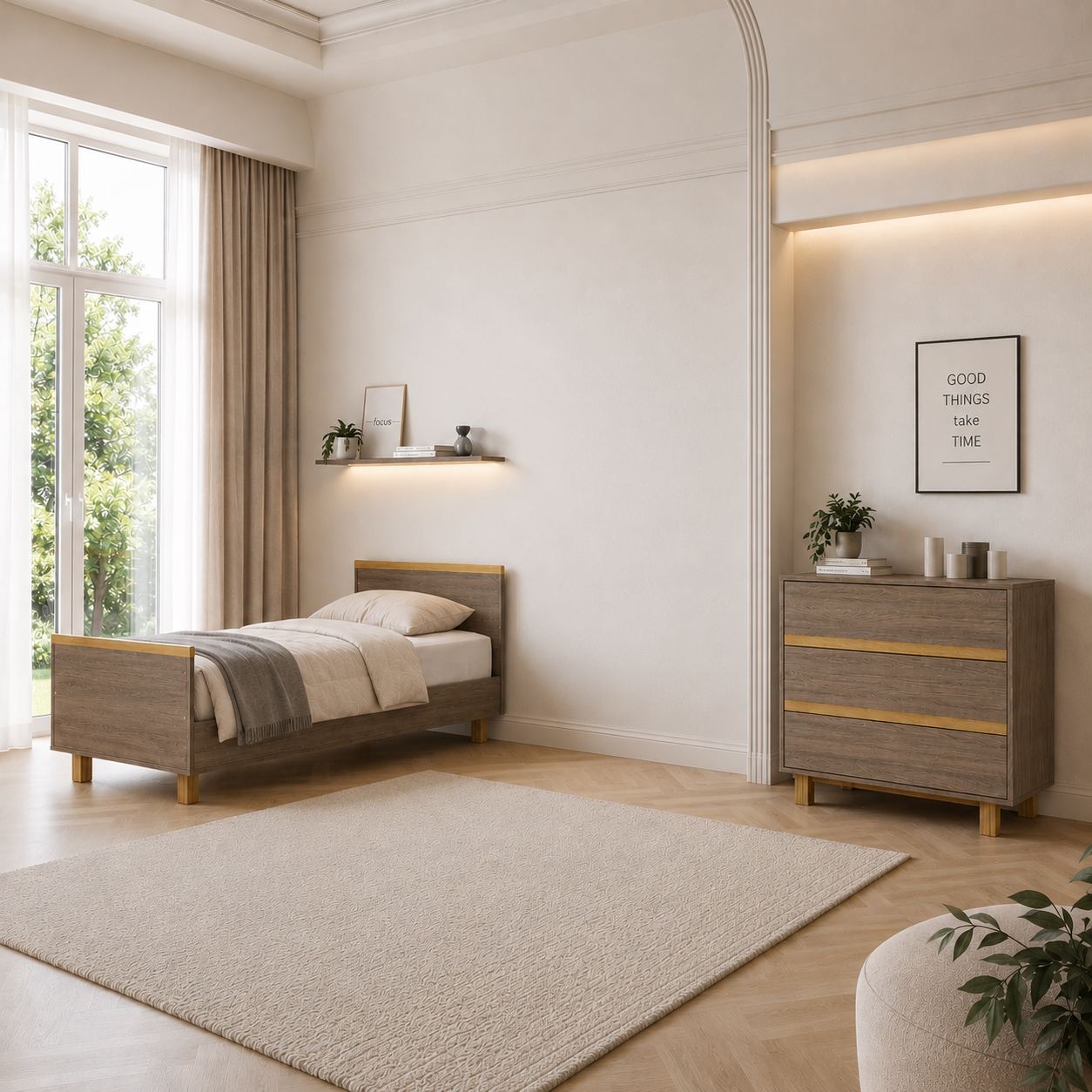 VILHA Kinderzimmer in Dunkelhickory mit umgebautem Kinderbett 70x140 und Kommode in moderner Holzoptik