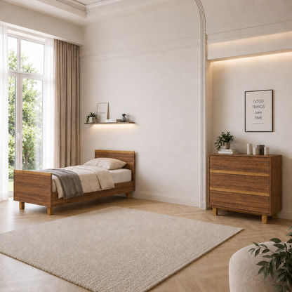 VILHA Kinderzimmer in Eiche Castello mit umgebautem Kinderbett und Kommode – mitwachsendes Babyzimmer