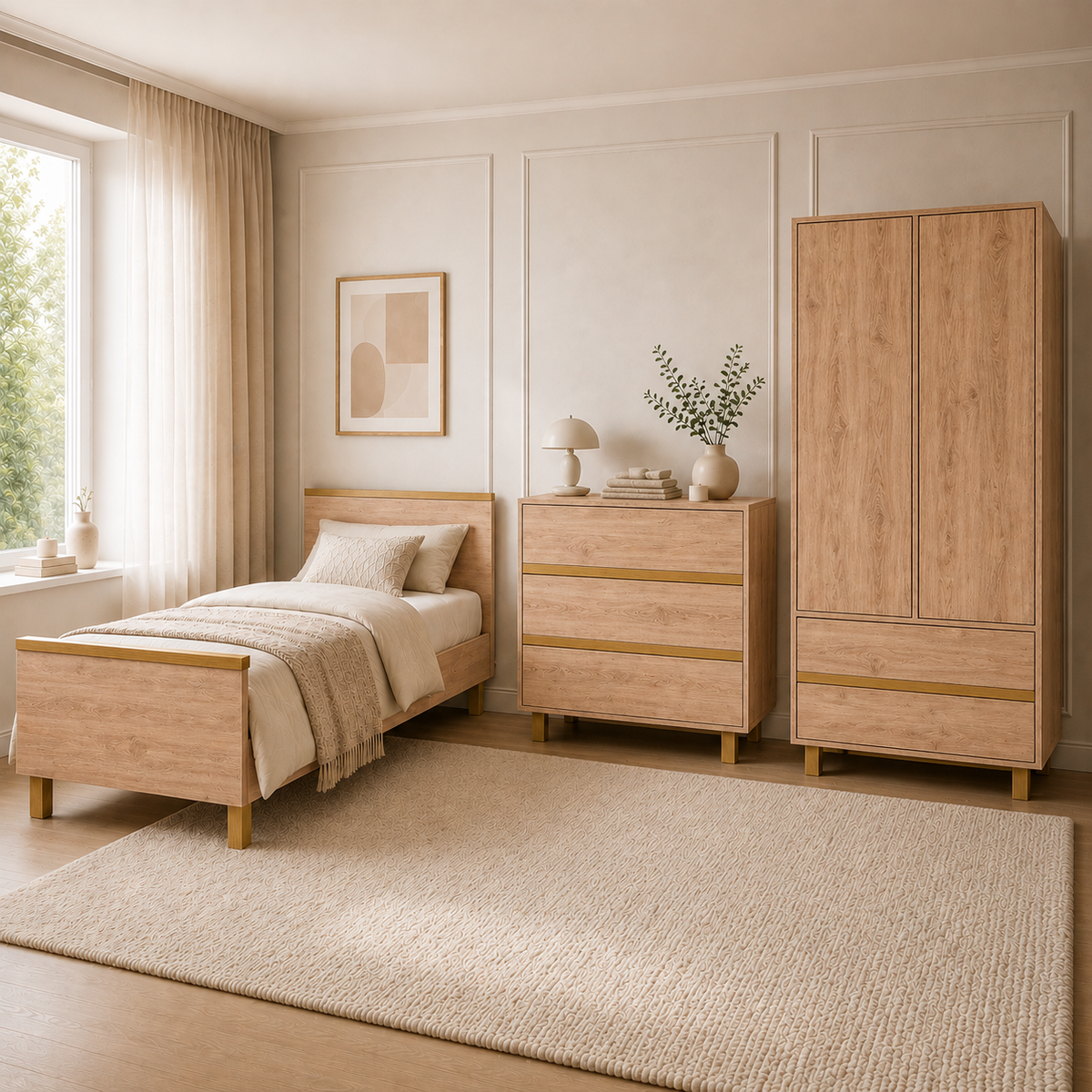 VILHA Kinderzimmer in Eiche Kraft mit Kinderbett, Kommode und Kleiderschrank – mitwachsende Babymöbel für die langfristige Nutzung