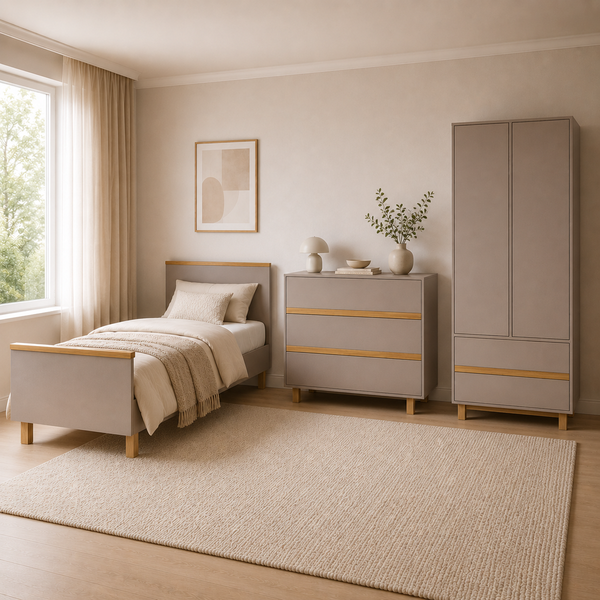VILHA Kinderzimmer in Lehmgrau mit umgebautem Kinderbett, Kommode und Kleiderschrank – mitwachsende Möbel mit Naturholzdetails