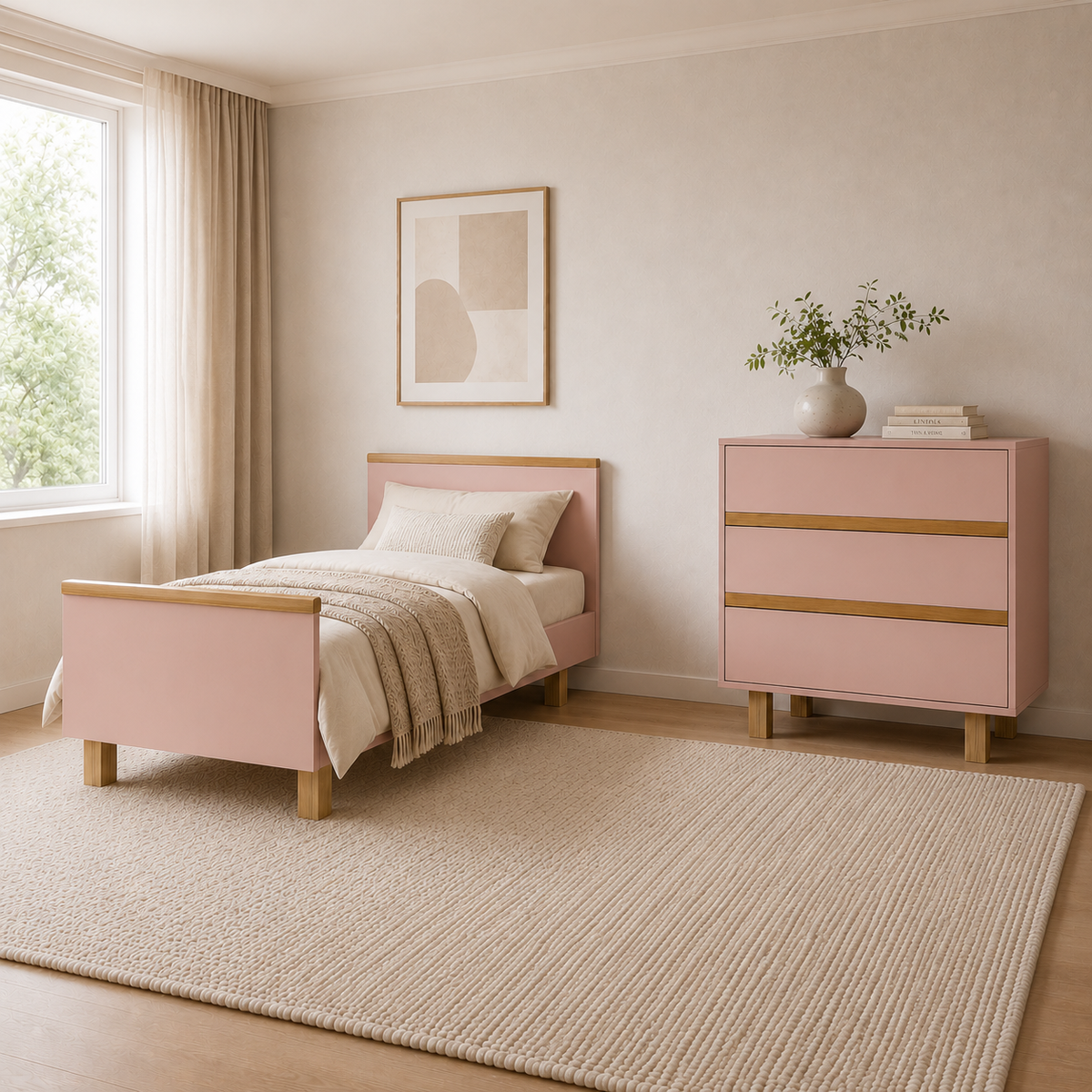 VILHA Kinderzimmer in Puderrosa mit umgebautem Kinderbett 70x140 und Kommode mit Naturholz-Elementen