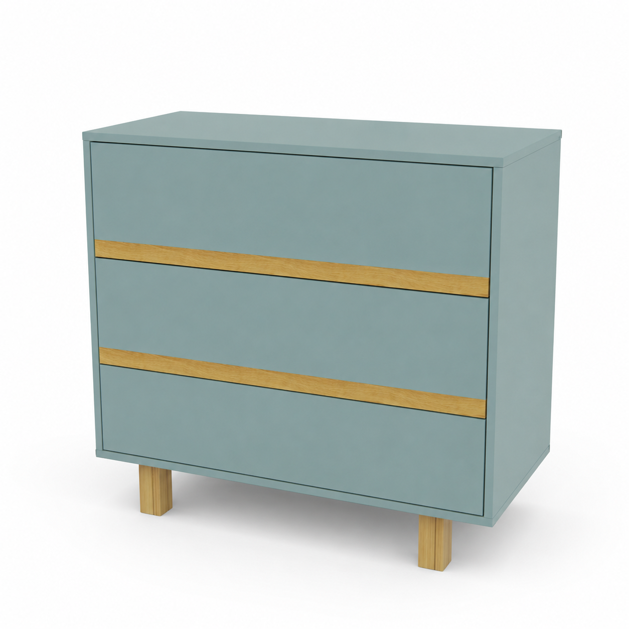 VILHA Kommode in Dämmerblau ohne Wickelaufsatz mit drei grifflosen Schubladen und Naturholzdetails für Kinderzimmer