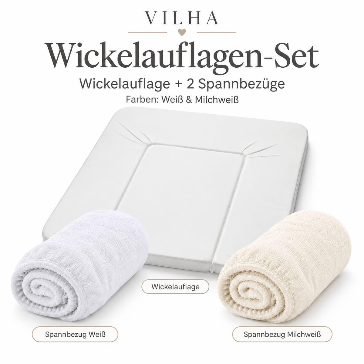 VILHA Wickelauflagen-Set mit Wickelauflage und zwei Spannbezügen in Weiß und Milchweiß als praktische Baby-Erstausstattung