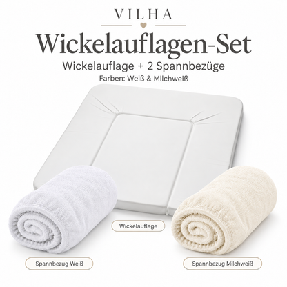 VILHA Wickelauflagen-Set mit Wickelauflage und zwei Spannbezügen in Weiß und Milchweiß als praktische Baby-Erstausstattung
