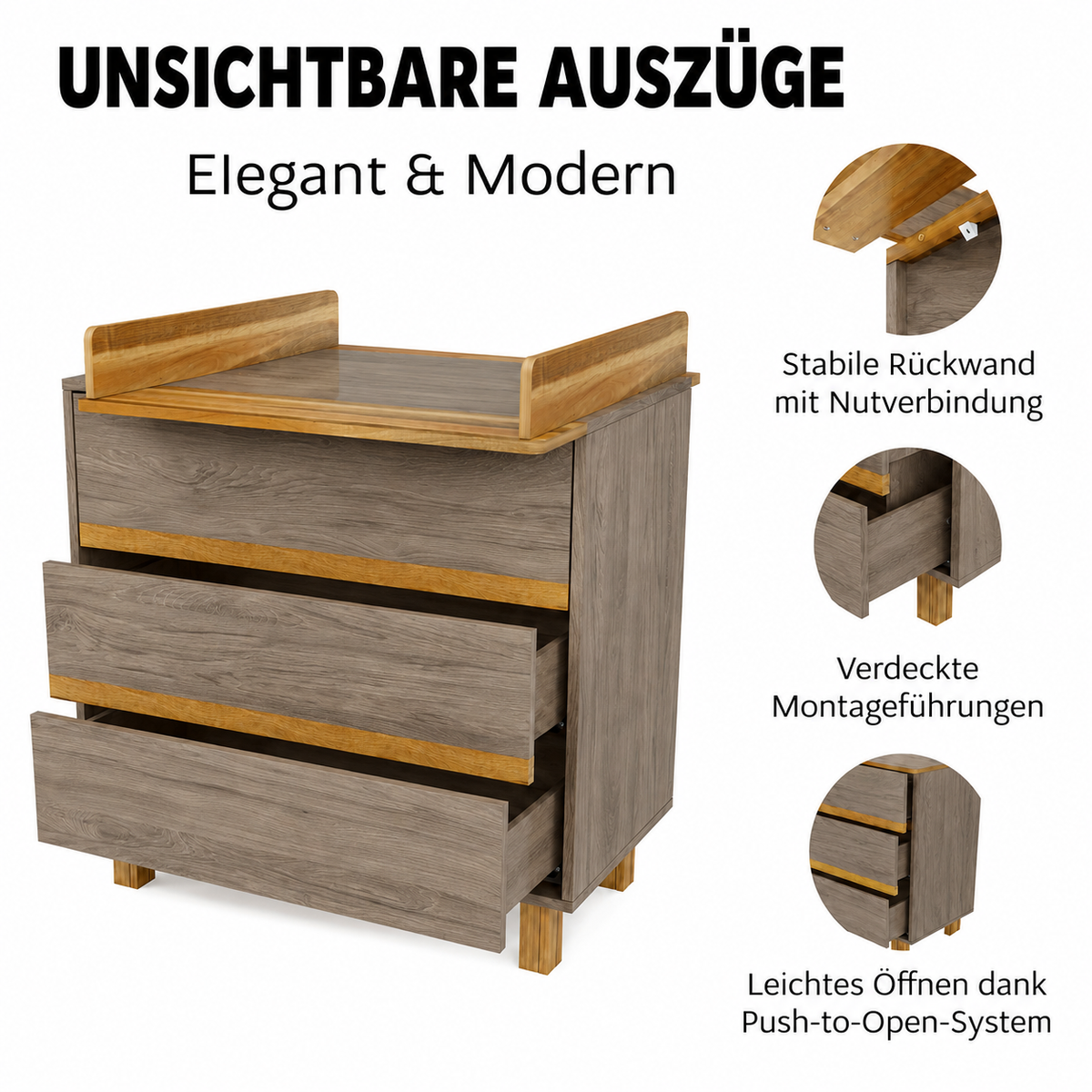 VILHA Wickelkommode Dunkelhickory mit Push-to-Open, verdeckten Schubladenauszügen und stabiler Rückwand