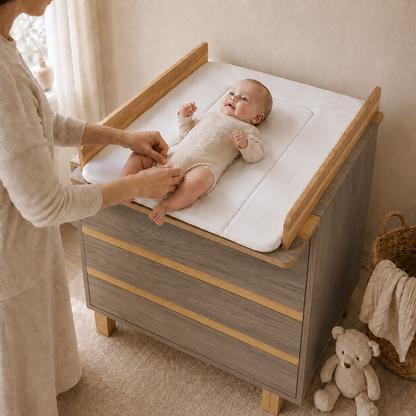 VILHA Wickelkommode Dunkelhickory mit Wickelauflage – Baby wird komfortabel auf der Wickelfläche gewickelt