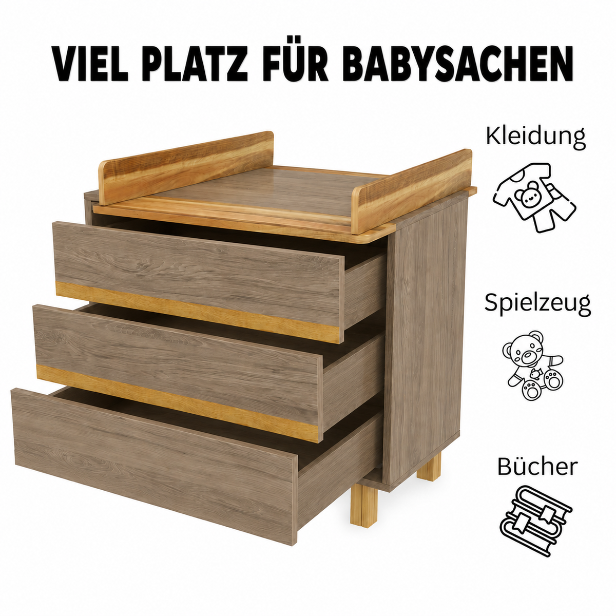 VILHA Wickelkommode Dunkelhickory mit drei großen Schubladen für Babykleidung, Spielzeug und Textilien