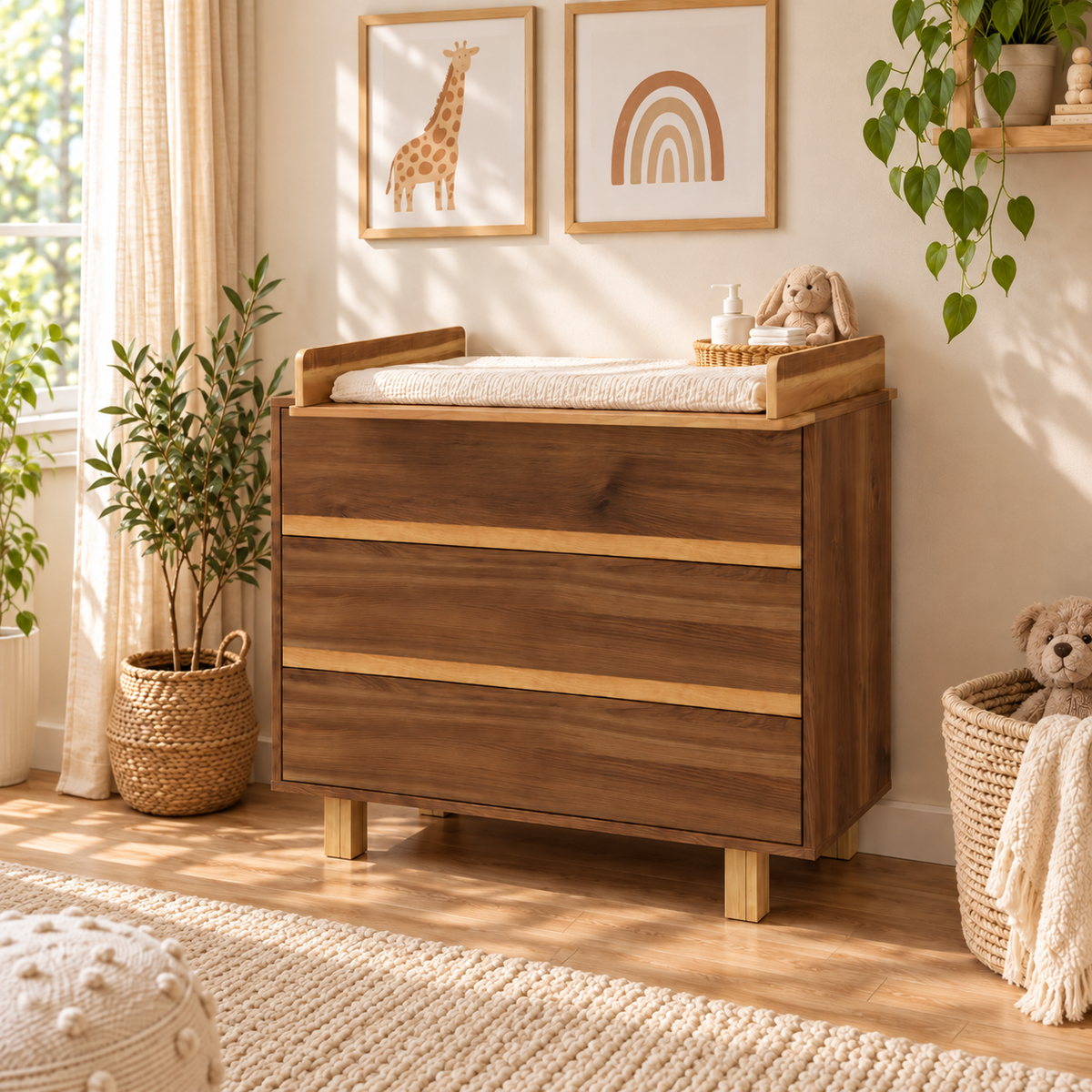VILHA Wickelkommode Eiche Castello Cognac mit Wickelaufsatz, 3 Schubladen, Push-to-Open und Naturholzdetails im modernen Babyzimmer