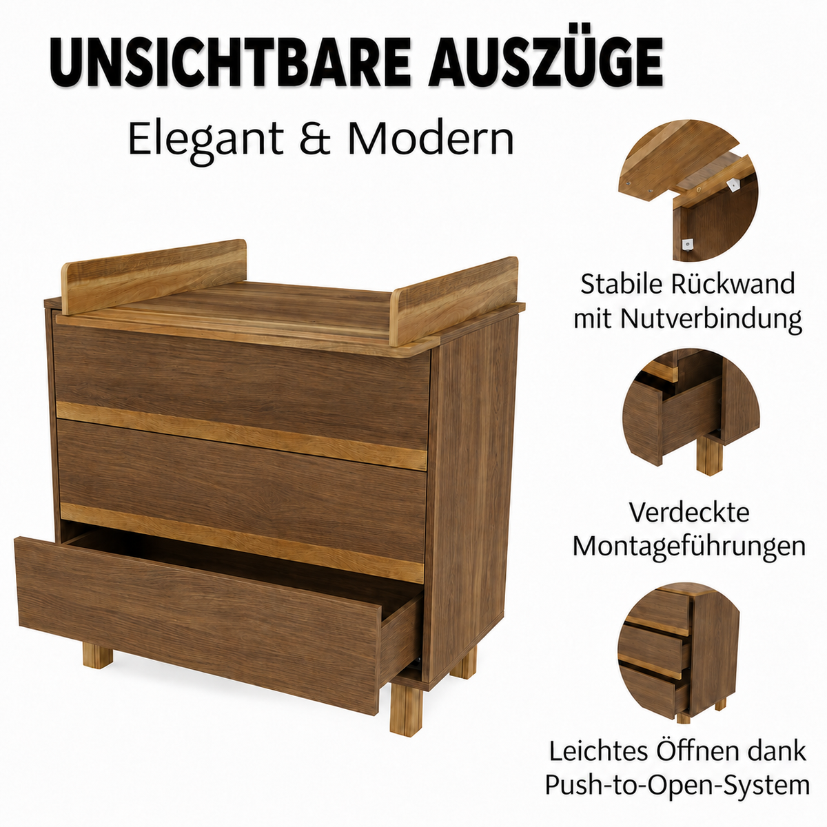 VILHA Wickelkommode Eiche Castello mit verdeckten Schubladenauszügen, stabiler Rückwand und Push-to-Open-System