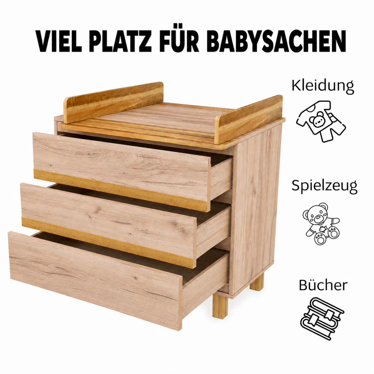 VILHA Wickelkommode Eiche Kraft mit drei geräumigen Schubladen für Babykleidung, Spielzeug, Bücher und Babyutensilien
