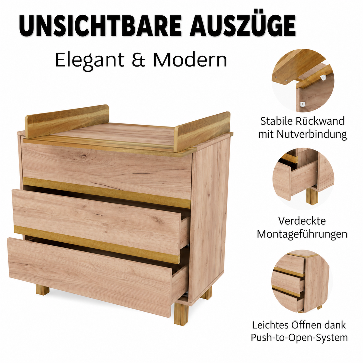 VILHA Wickelkommode Eiche Kraft mit geöffneten Schubladen, verdeckten Auszügen und Push-to-Open-System