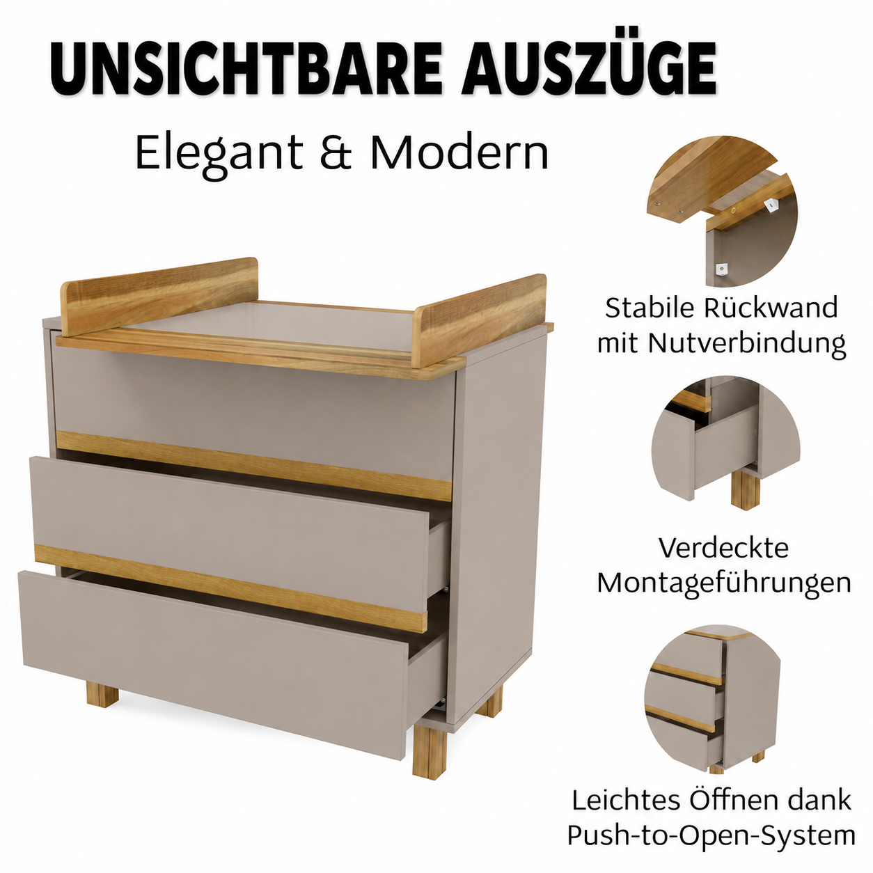 VILHA Wickelkommode Lehmgrau mit verdeckten Schubladenauszügen, stabiler Rückwand und Push-to-Open-System für grifflose Fronten