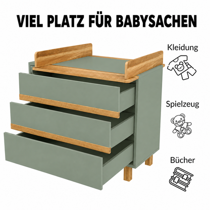 VILHA Wickelkommode Rauchgrün mit 3 großen Schubladen und viel Stauraum für Babykleidung, Spielzeug und Bücher