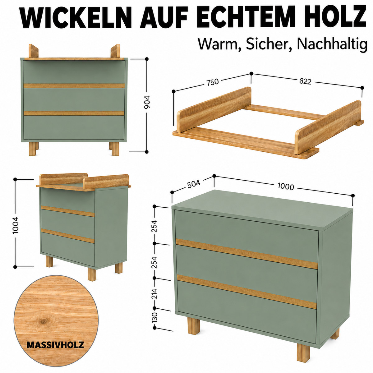 VILHA Wickelkommode Rauchgrün mit Wickelaufsatz aus Massivholz, drei Schubladen und Maßen 100 x 50,4 cm