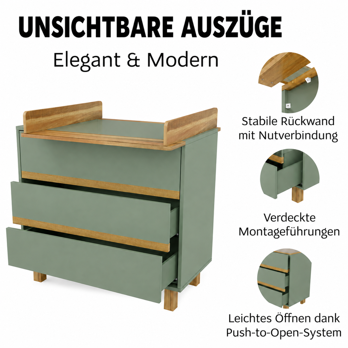 VILHA Wickelkommode Rauchgrün mit verdeckten Schubladenauszügen, Push-to-Open-System und stabiler Rückwand