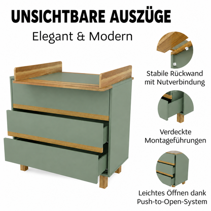 VILHA Wickelkommode Rauchgrün mit verdeckten Schubladenauszügen, Push-to-Open-System und stabiler Rückwand