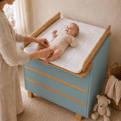 VILHA Wickelkommode in Dämmerblau mit Wickelauflage – Baby wird auf der großzügigen Wickelfläche gewickelt