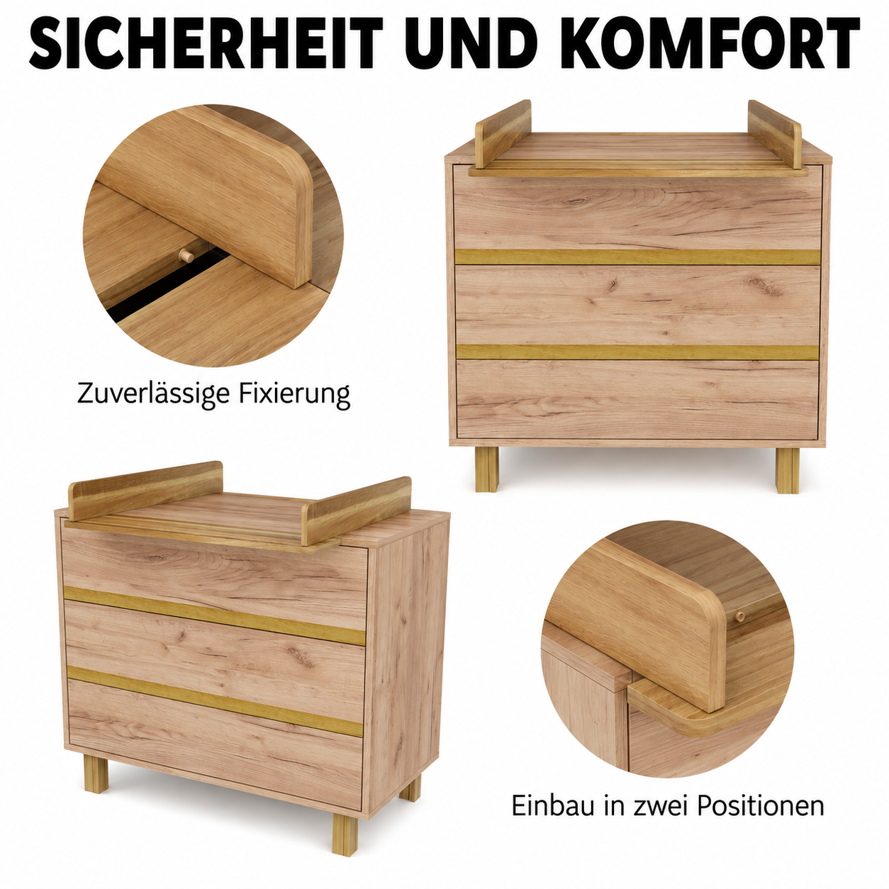 VILHA Wickelkommode mit abnehmbarem Wickelaufsatz – sichere Fixierung und Montage des Aufsatzes in zwei Positionen