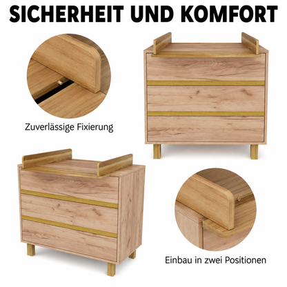 VILHA Wickelkommode mit abnehmbarem Wickelaufsatz – sichere Fixierung und Montage des Aufsatzes in zwei Positionen