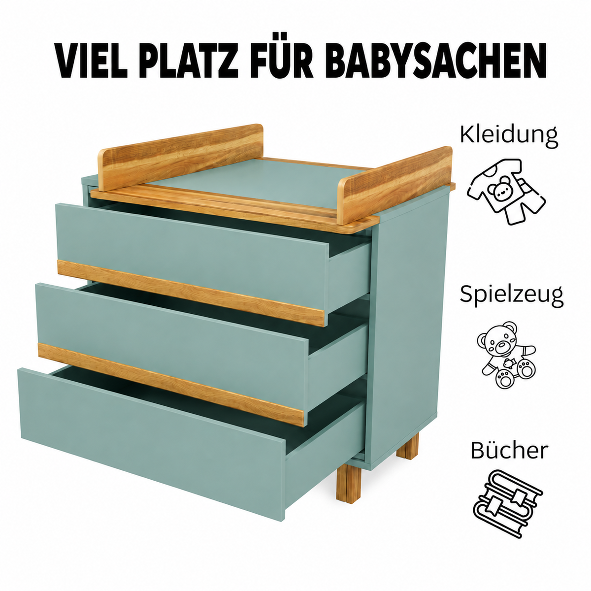 VILHA Wickelkommode mit drei großen Schubladen für Babykleidung, Spielzeug und Bücher – viel Stauraum im Babyzimmer