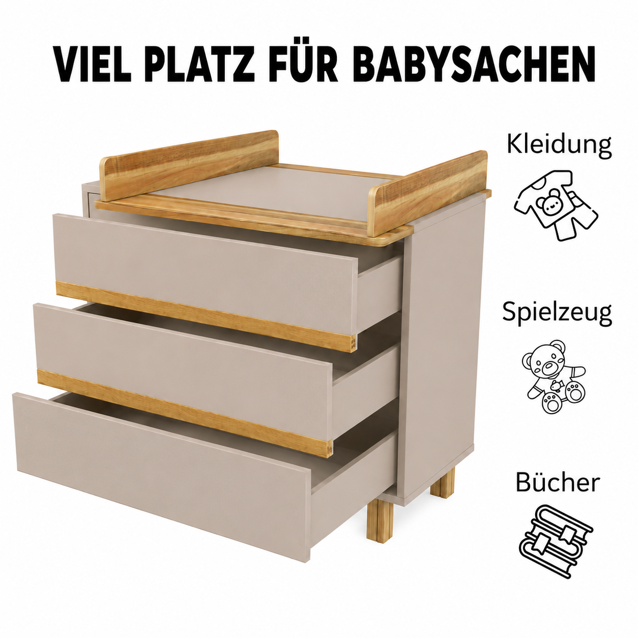 VILHA Wickelkommode mit drei großen Schubladen für Babykleidung, Spielzeug und Textilien – viel Stauraum im Babyzimmer
